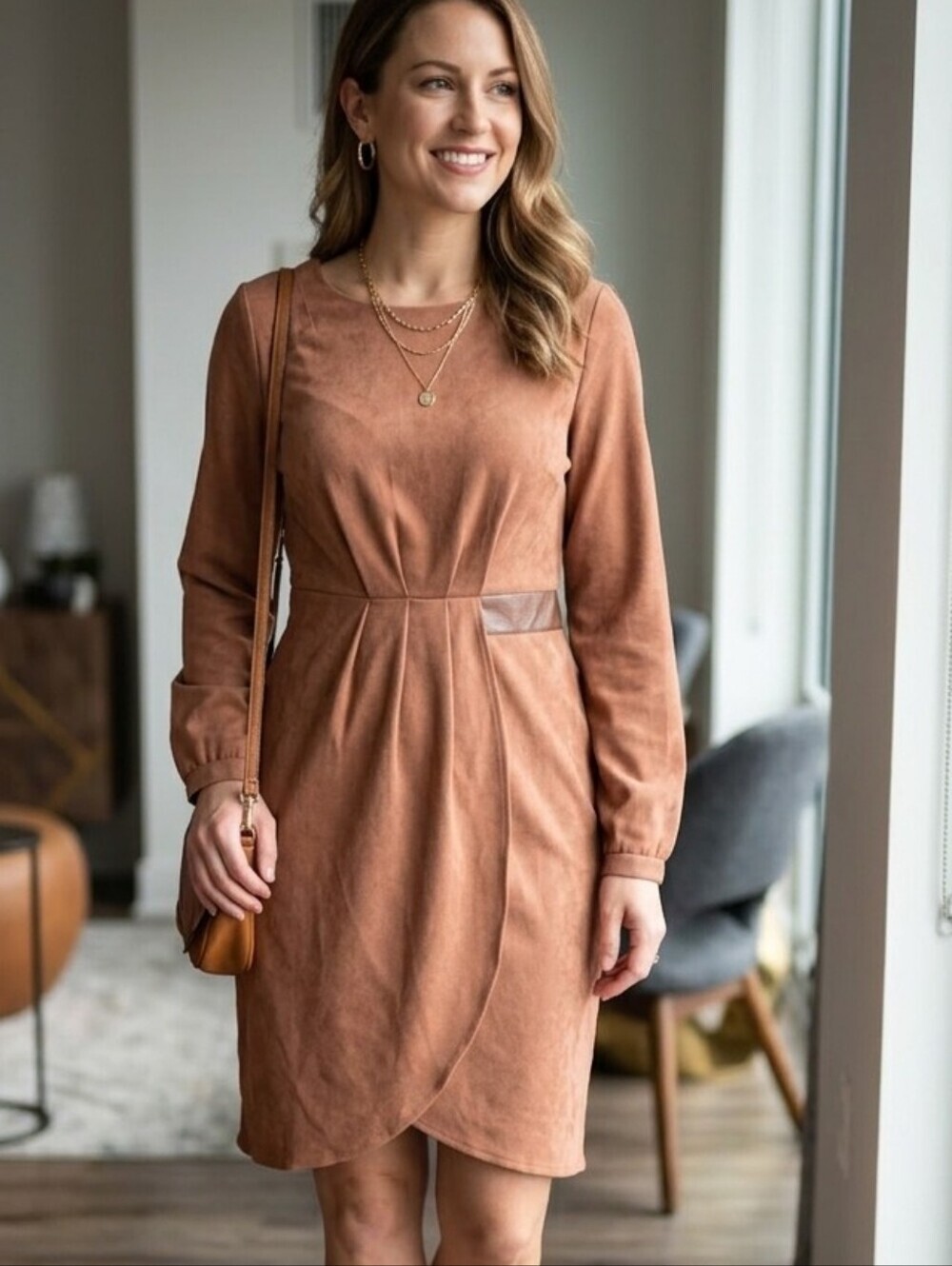 Faux Suede Long Sleeve Tulip Wrap Dress with Leather Trim- Size Large
